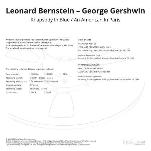 Leonhard Bernstein, New York Philharmonic & Columbia Symphony Orchestra Gershwin: Rhapsody In Blue & An American In Paris Master Quality Reel To Reel Tape (1 Reel)