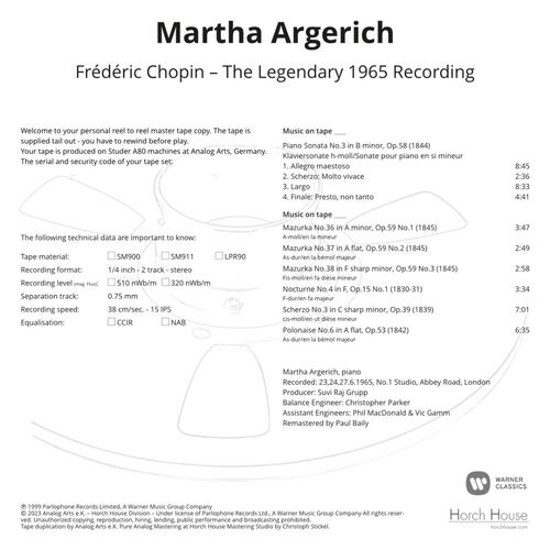 Martha Argerich Chopin: The Legendary 1965 Recording Master Quality Reel To Reel Tape (1 Reel)