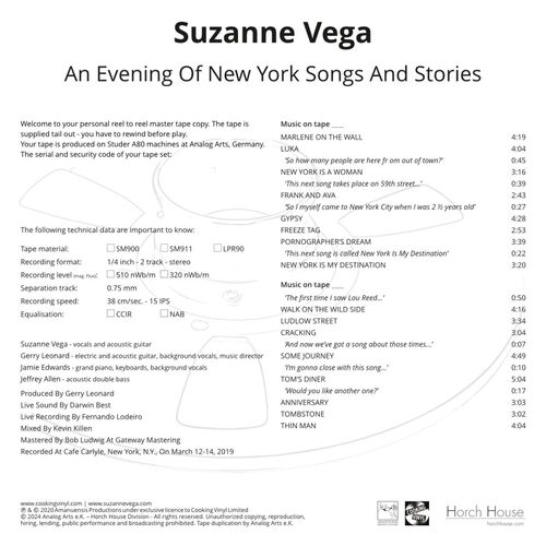 Suzanne Vega An Evening of New York Songs and Stories Master Quality Reel To Reel Tape (2 Reels)