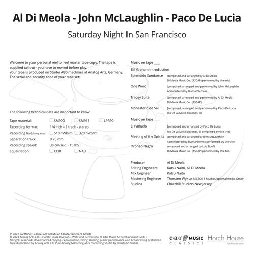 Al Di Meola, John McLaughlin & Paco De Lucia Saturday Night In San Francisco Master Quality Reel To Reel Tape (1 Reel)